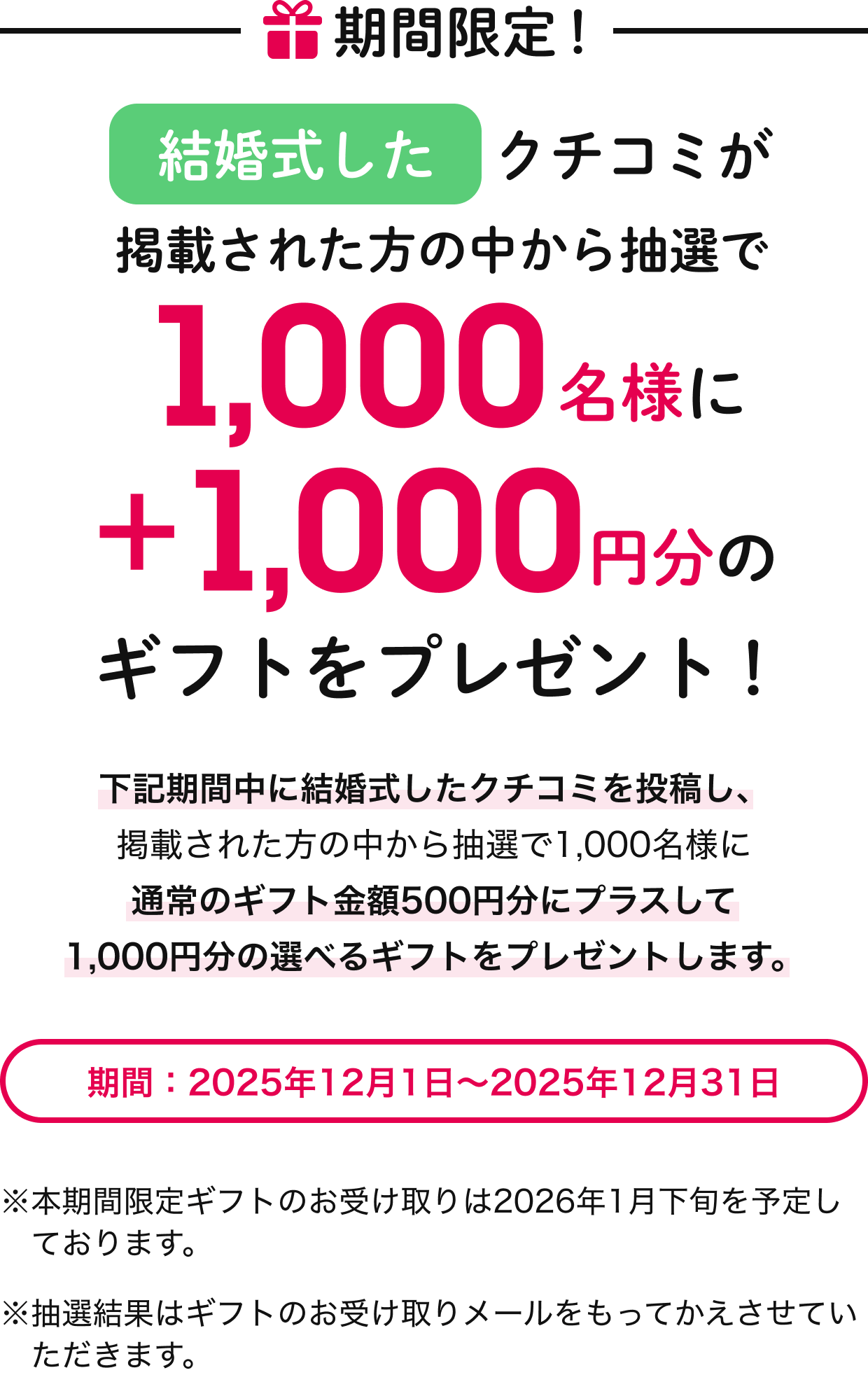 結婚式したクチコミキャンペーン 1000名様に当たる+1000円分ギフト
